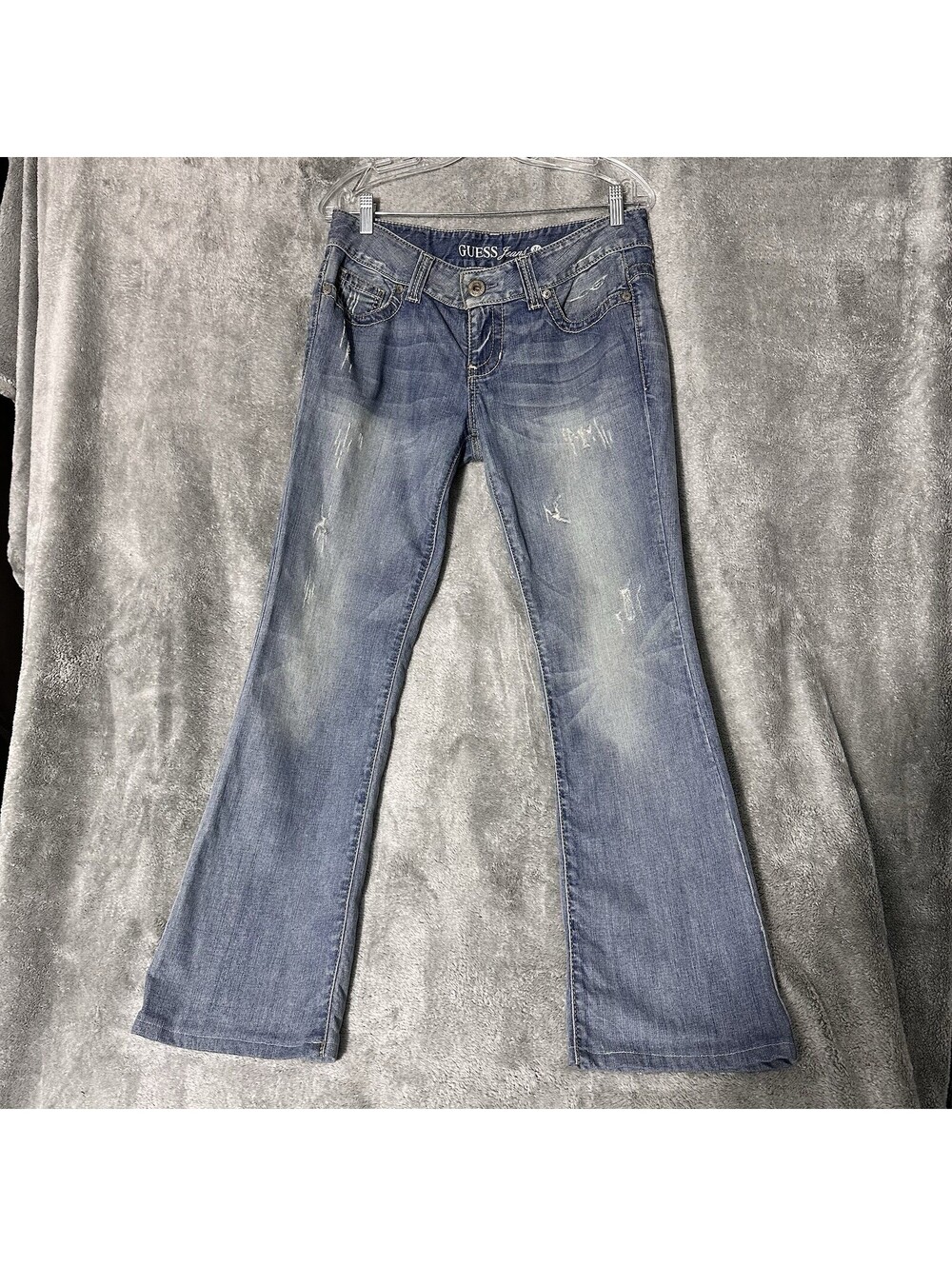 Guess Women's Sz. 31  Y2K  Daredevil Distressed Low Rise Med Wash Bootcut Jeans